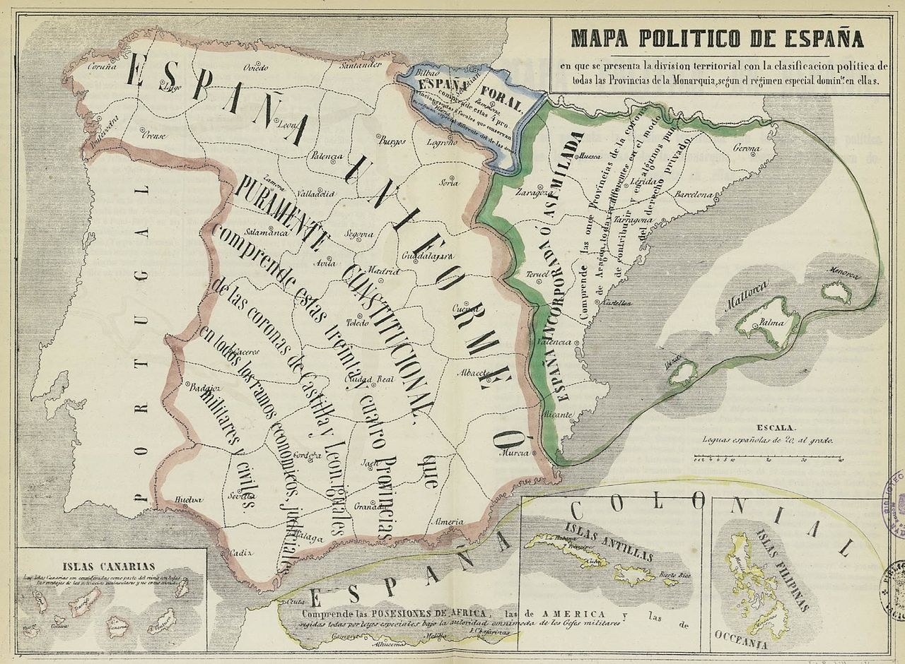 Spain in 1854. It shows what areas remained with different law, tax and military draft systems after the First Carlist War, merged into a sole Spanish jurisdiction after the Third Carlist War (1876)