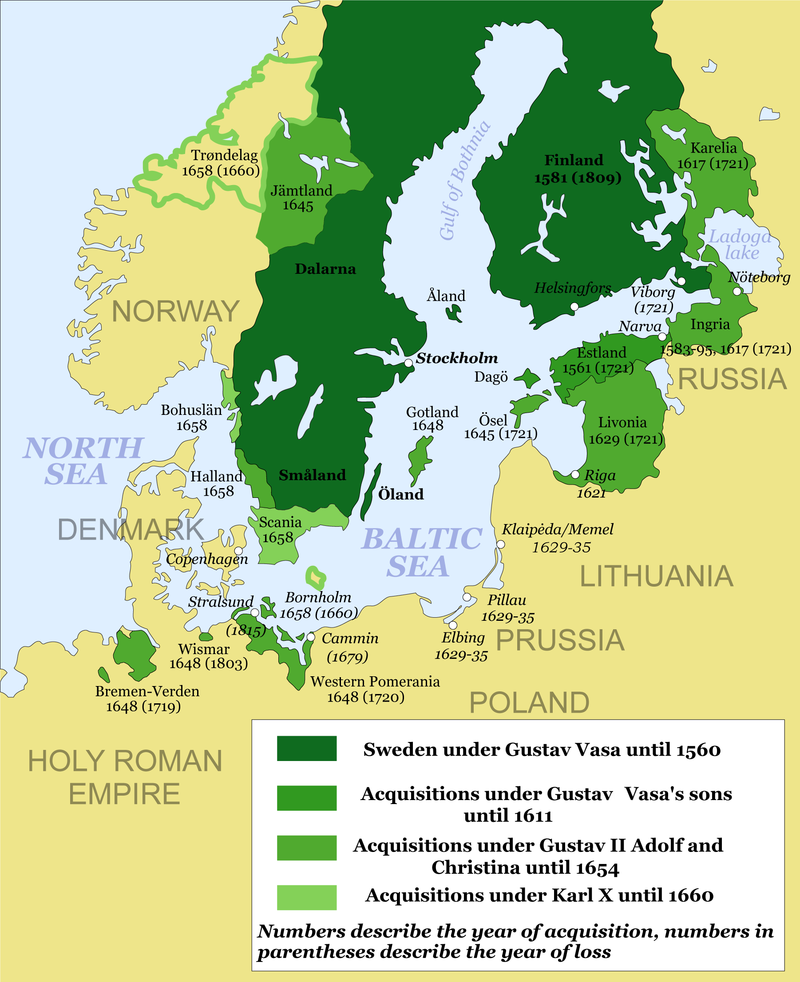 Territorial gains of the Swedish Empire after the Treaty of Roskilde (green outline) and Treaty of Copenhagen (1660) (light green). The Second Northern War marked the height of Sweden's stormaktstiden