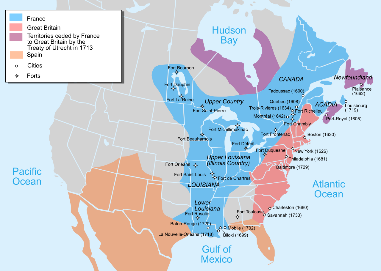 Map of the British and French settlements in North America in 1750, before the French and Indian War (1754 to 1763), that was part of the Seven Years' War