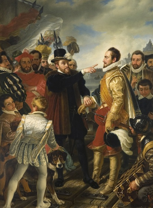 Philip II of Spain berating William the Silent. Prince of Orange, by Cornelis Kruseman, painting from 19th century. This scene was purported to have happened on the dock in Flushing when Philip departed the Netherlands.