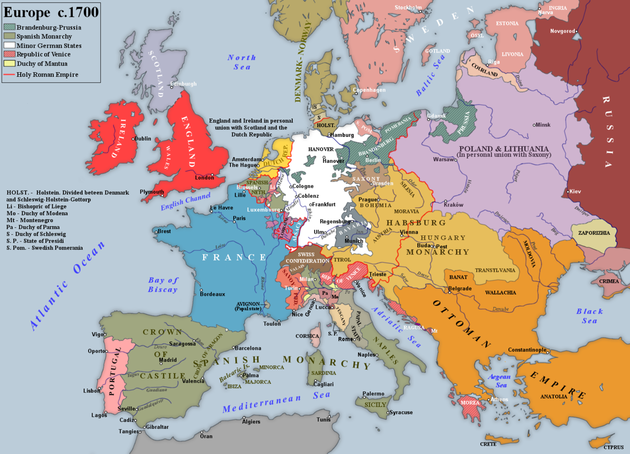 Map of European borders as they stood after the Treaty of Ryswick and just prior to Louis XIV's last great war, the War of the Spanish Succession