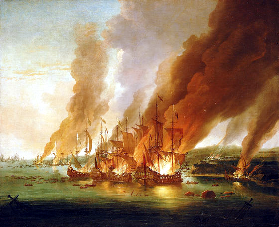 Battle of La Hogue, (1692) by Adriaen van Diest. The last act of the battle – French ships set on fire at La Hogue
