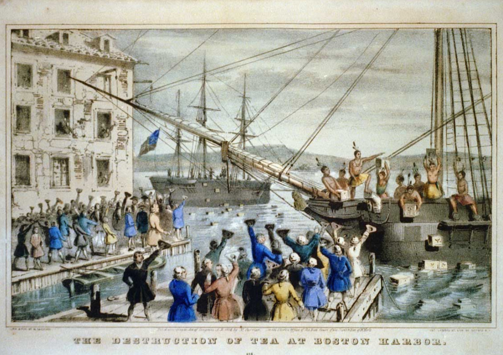 This iconic 1846 lithograph by Nathaniel Currier was entitled The Destruction of Tea at Boston Harbor; the phrase Boston Tea Party had not yet become standard. Contrary to Currier's depiction, few of the men dumping the tea were actually disguised as Indians