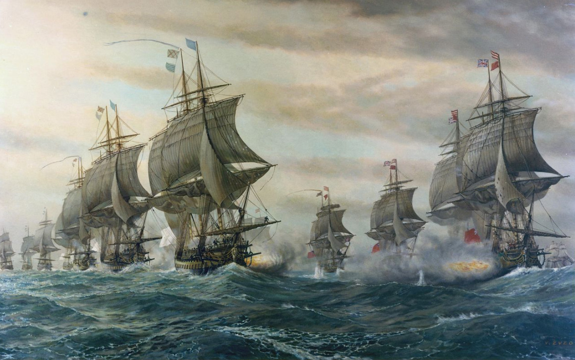 The French (left) and British (right) lines exchange fire at the Battle of the Chesapeake