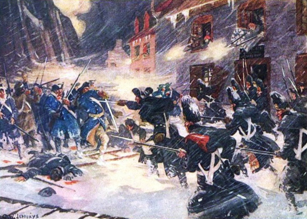 British soldiers and Provincial militiamen repulse the American assault at Sault-au-Matelot, Canada, December 1775