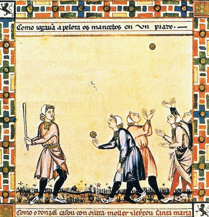 A game from the Cantigas de Santa Maria, c. 1280, involving tossing a ball, hitting it with a stick and competing with others to catch it