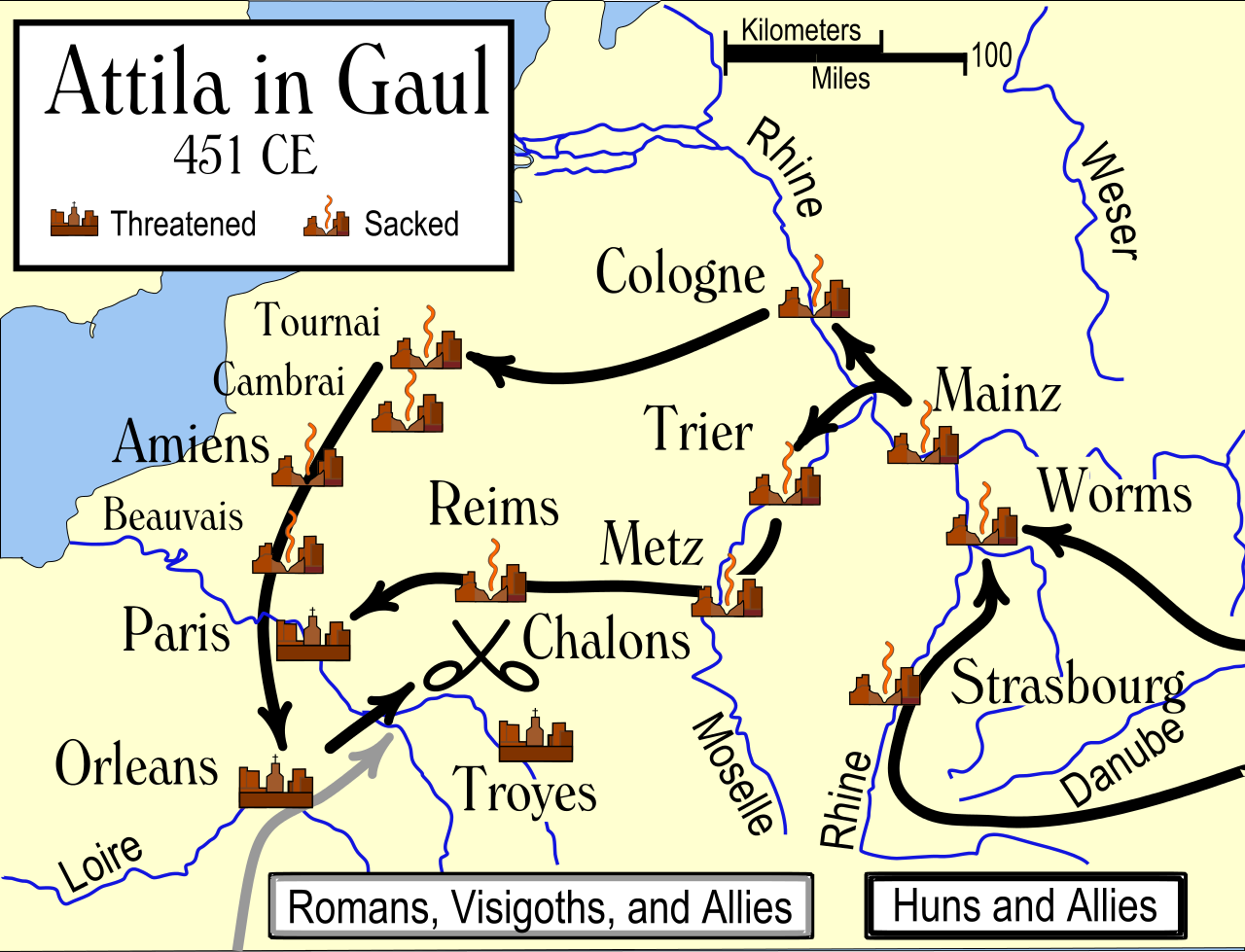 The map shows the possible routes taken by Attila's forces as they invaded Gaul, and the major cities that were sacked or threatened by the Huns and their allies