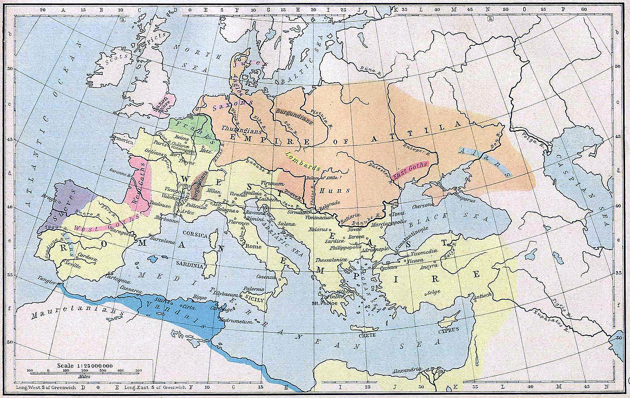 Roman Empire (yellow) and Hunnic Empire (orange) 450