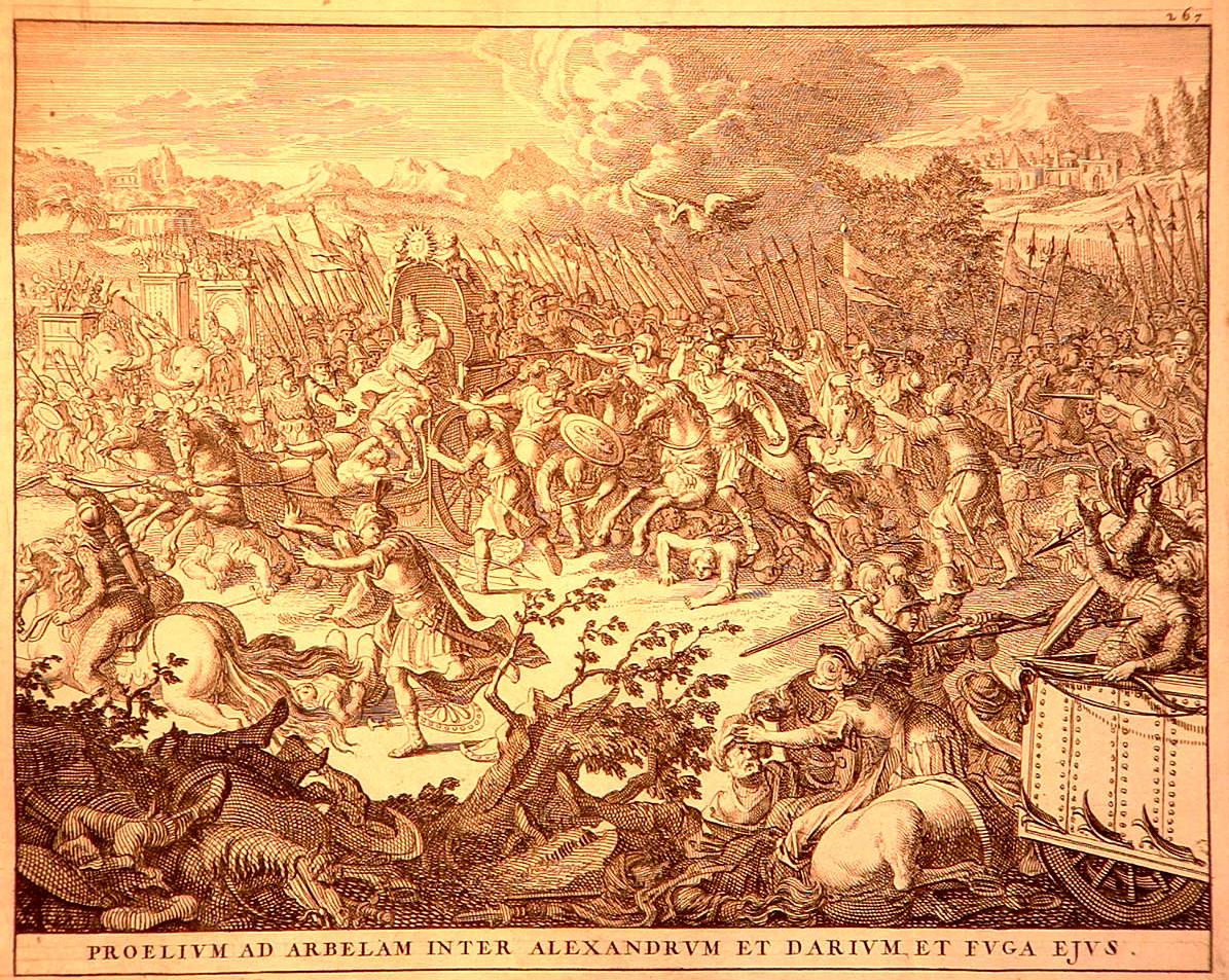 Alexander old drawings. The battle of Arbela (Gaugamela) between Alexander and Darius, the latter being in flight