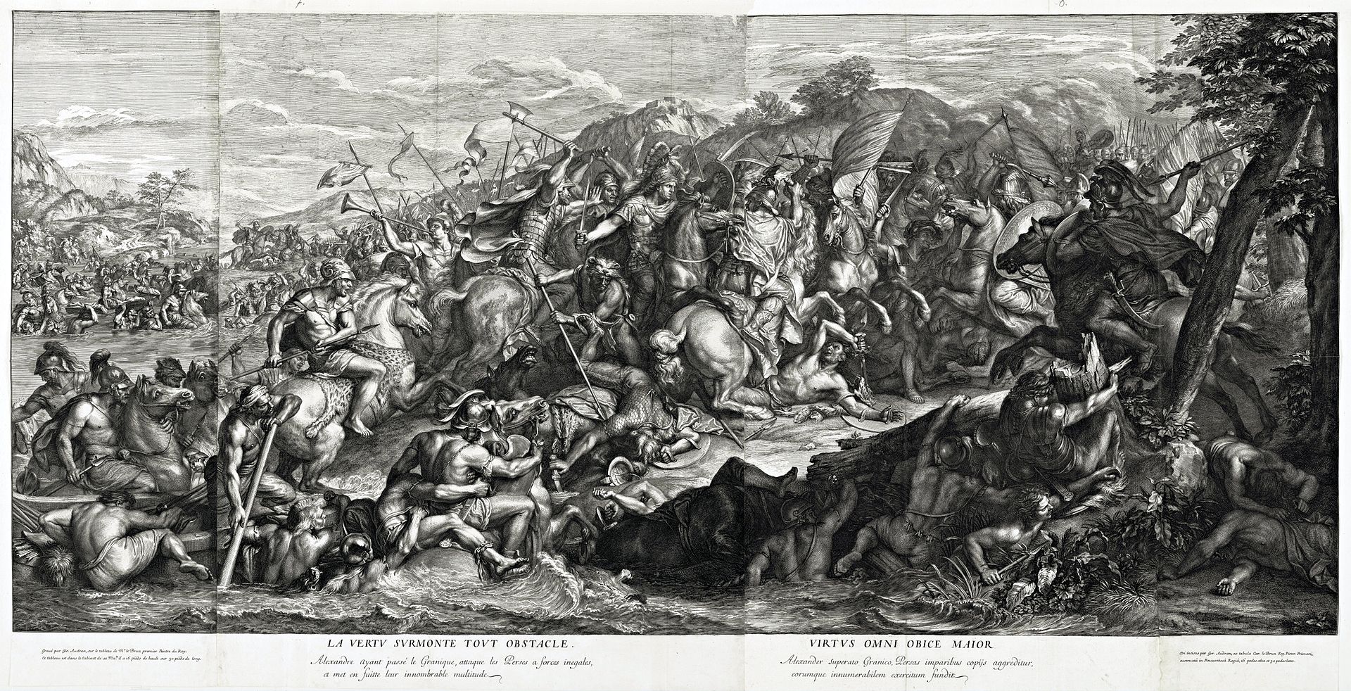 This image depicts the moment when Alexander the Great's forces crossed into Asia in 334 B.C. and engaged the Persian army on the banks of the river Granicus (Kocabas) near the site of ancient Troy. Alexander, in the center of the composition, finds himself surrounded by Persians wearing winged helmets and turbans. The fate of his enemies is sealed by the ax of the nearby Clitus the Black, an officer in Alexander's elite cavalry. The conceit of the image points to Alexander's triumph as evidence of heroic princely virtue.