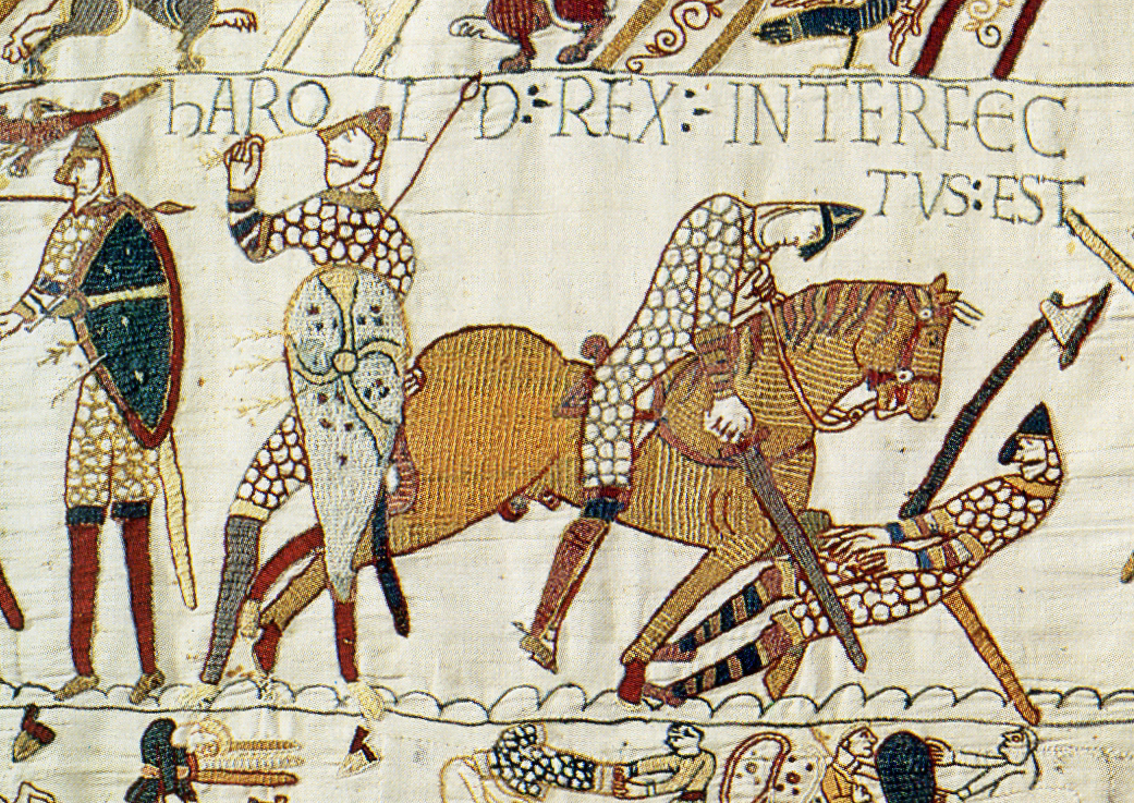 Harold Rex Interfectus Est: King Harold was killed. Scene from the Bayeux Tapestry depicting the Battle of Hastings and the death of Harold