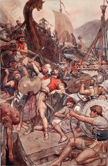 Death of the Persian admiral Ariabignes (a brother of Xerxes) early in the battle; illustration from Plutarch's Lives for Boys and Girls c. 1910