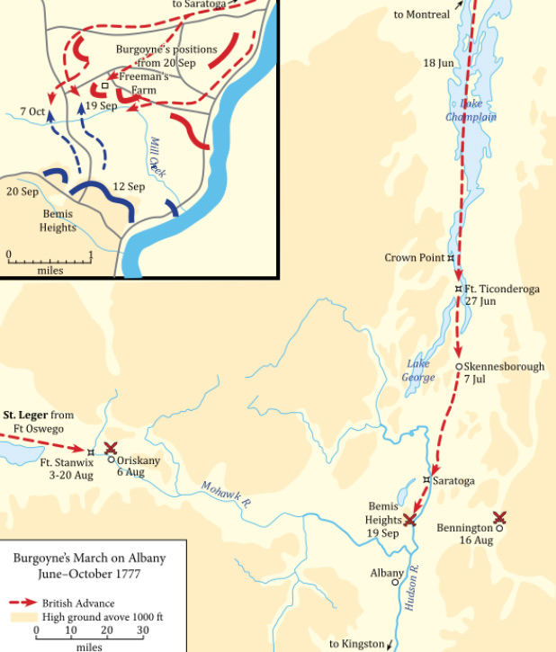 Map showing the movements of the opposing armies in the Saratoga campaign, and plan of the Battles of Saratoga (inset)