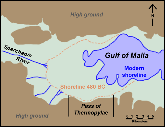 Map of Thermopylae area with modern shoreline and reconstructed shoreline of 480 BC
