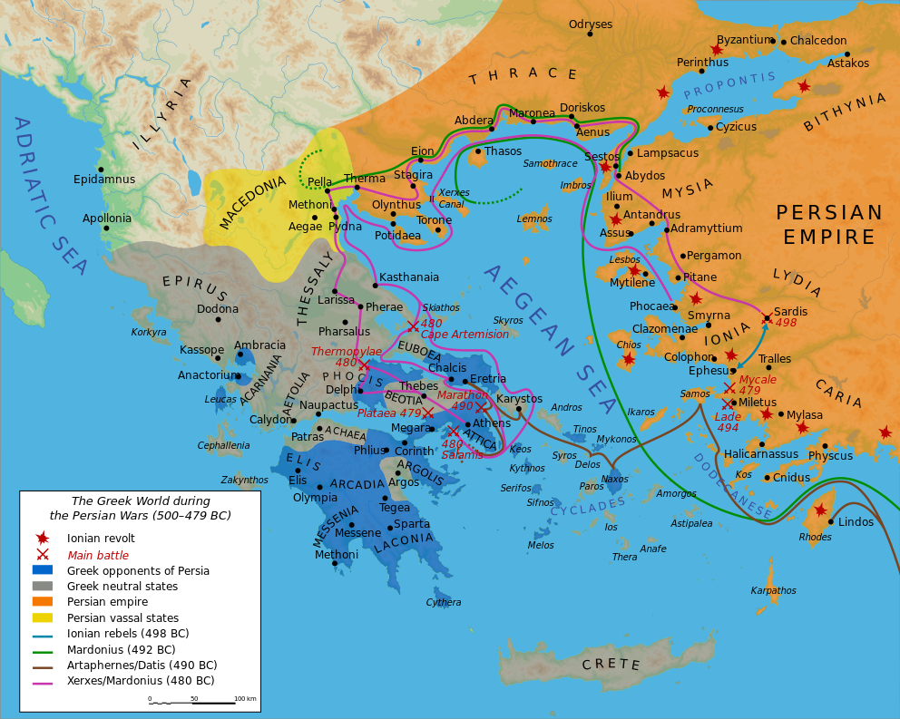 A map of almost all the parts of the Greek world that partook in the Persian Wars