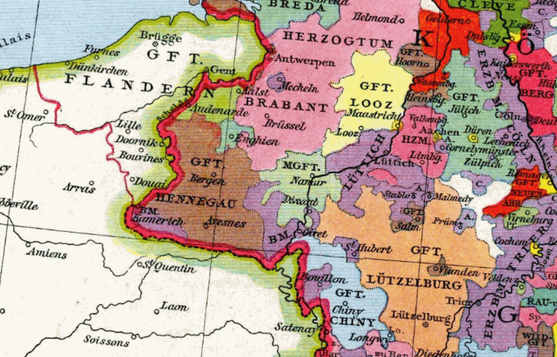 Lower Lorraine territories about 1250, Brabant and Limburg in pink