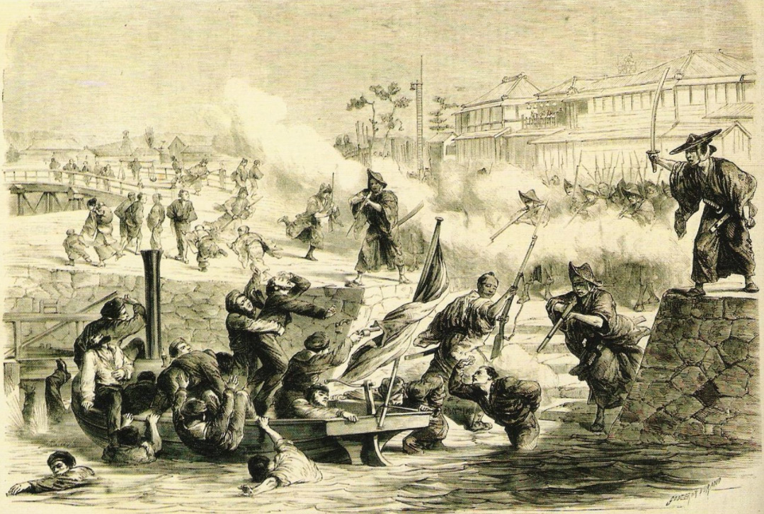 The killing of French sailors by Tosa soldiers in the Sakai incident, 8 March 1868. Le Monde Illustré