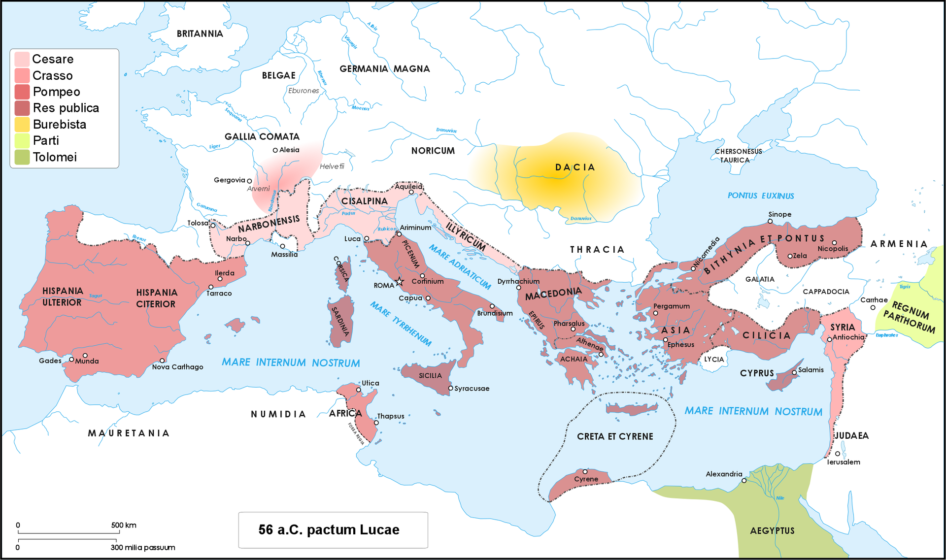 Roman world in 56 BC, when Caesar, Crassus and Pompey meet at Luca for a conference in which they decided: to add another five years to the proconsulship of Caesar in Gaul; to give the province of Syria to Crassus and both Spains and Africa to Pompey