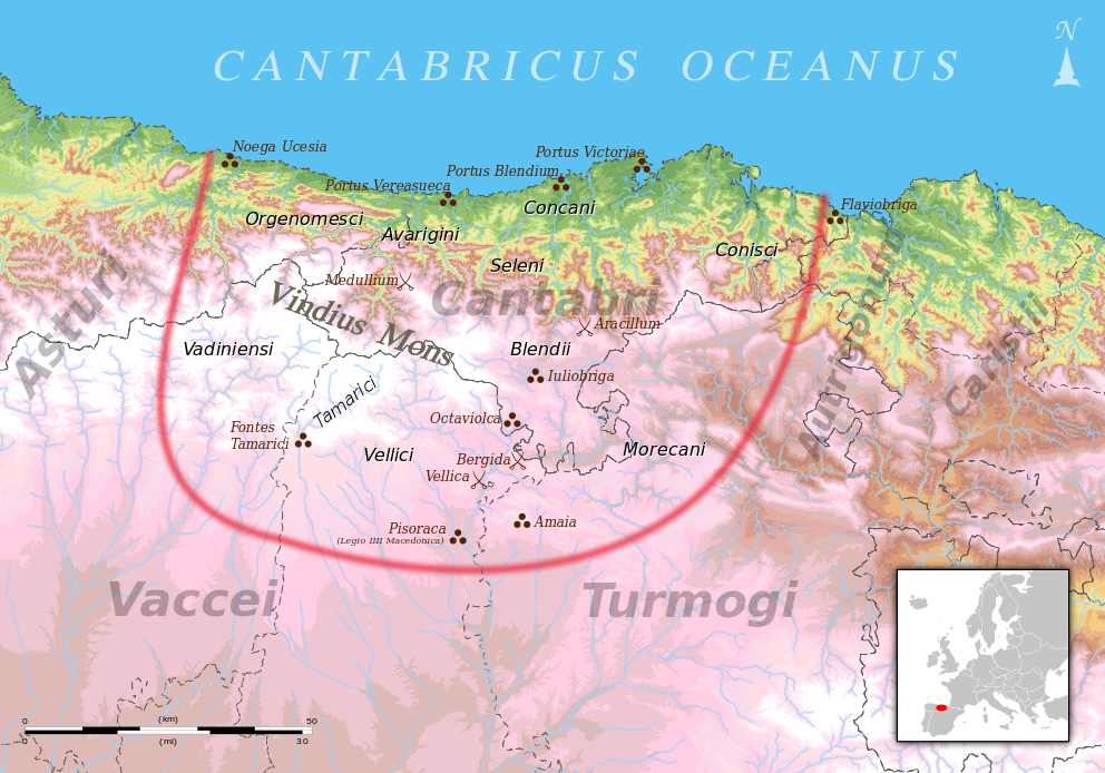 The map shows the borders of the Roman Cantabria during the Cantabrian Wars, in relationship to today's Cantabria, along with the tribes that lived there, the neighboring peoples, towns and geographical features, according to classical sources.