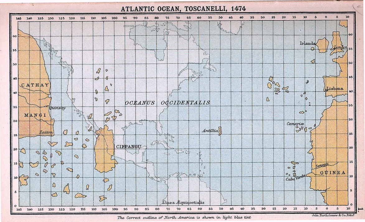 Toscanelli's notions of the geography of the Atlantic Ocean (shown superimposed on a modern map), which directly influenced Columbus's plans
