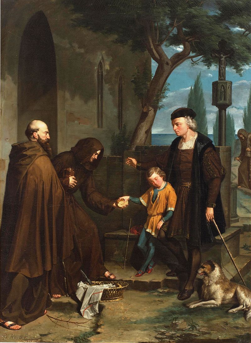 Christopher Columbus at the gates of the monastery of Santa María de la Rábida with his son Diego, by Benet Mercadé