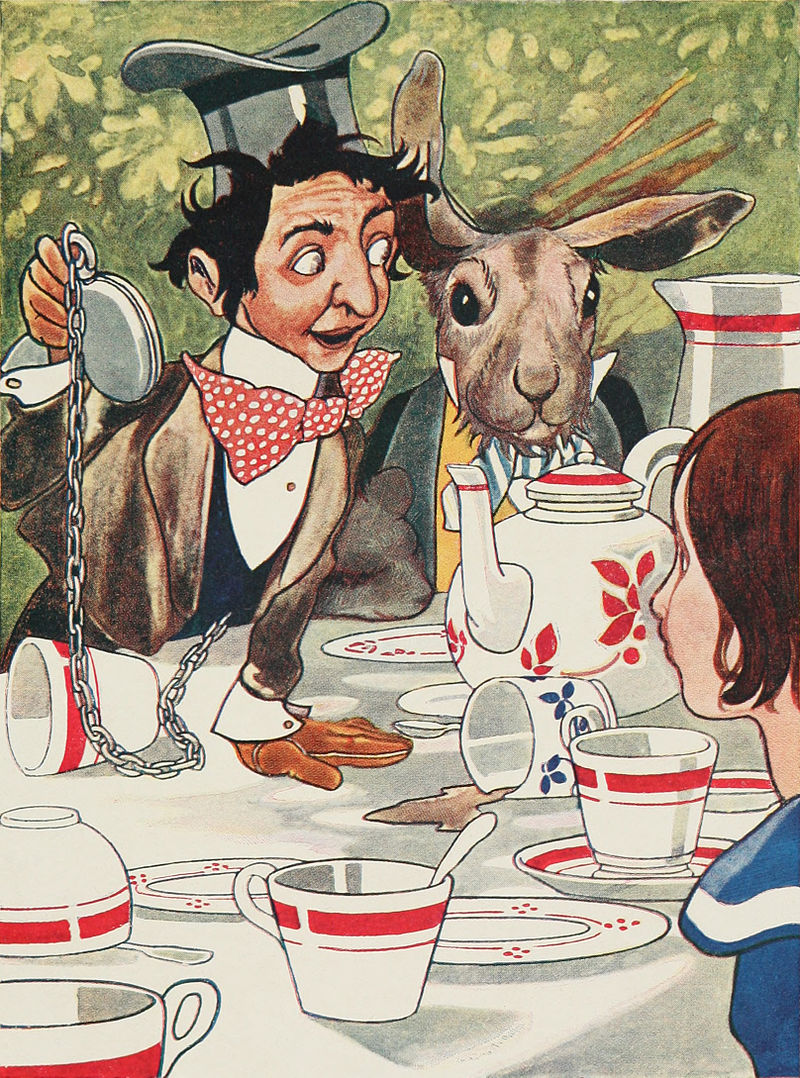 A coloured plate. Caption: 'What day of the month is it?' he said, turning to Alice