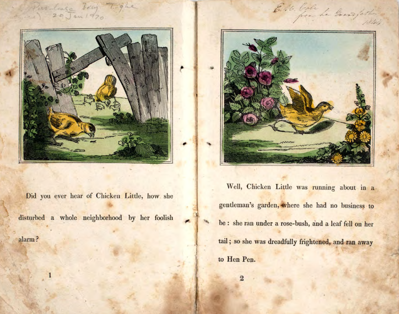 First two pages of the 1840 children's illustrated book: The Remarkable Story of Chicken Little