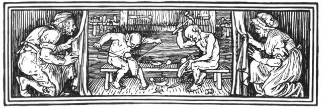 Illustration of The Elves (en:The Elves and the Shoemaker) from Household Stories by the Brothers Grimm, translated by Lucy Crane, illustrated by Walter Crane, first published by Macmillan and Company in 1886 - Stories Preschool