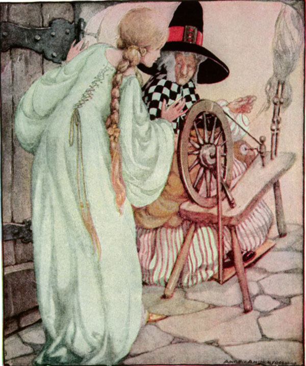 Sleeping Beauty; Old, Old Fairy Tales: Briar Rose by Anne Anderson. Aurora pricked her finger on the witches spindle