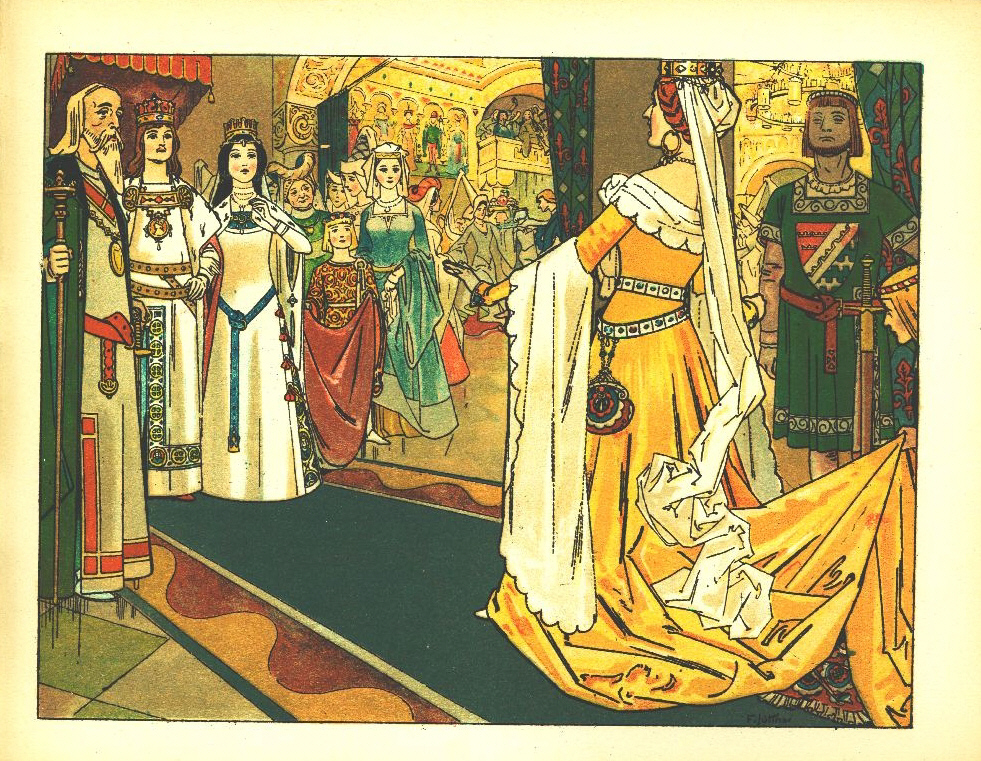 Snow White: 8. The Queen arrives at the wedding - Franz Jüttner (1865–1925): Illustration from Sneewittchen, Scholz' Künstler-Bilderbücher, Mainz 1905