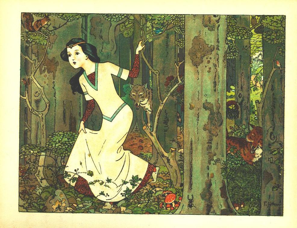 Snow White: 2. Snow White in the forest - Franz Jüttner (1865–1925): Illustration from Schneewittchen, Scholz' Künstler-Bilderbücher, Mainz 1910