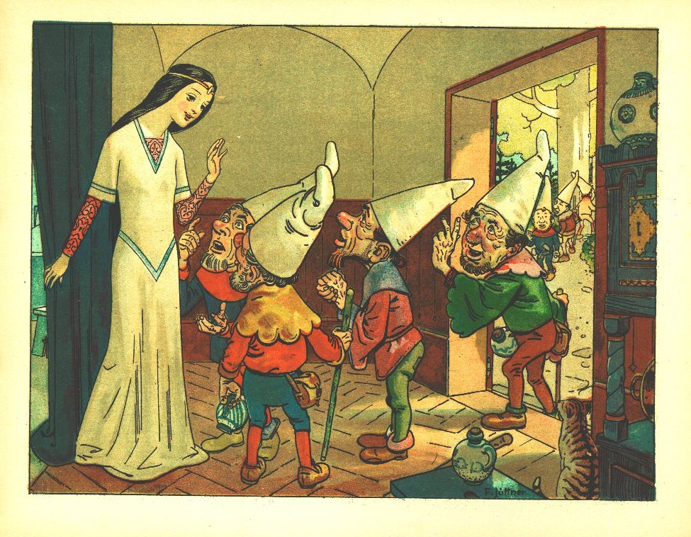 Snow White: 4. The dwarfs warn Snow White - Franz Jüttner (1865–1925): Illustration from Sneewittchen, Scholz' Künstler-Bilderbücher, Mainz 1905