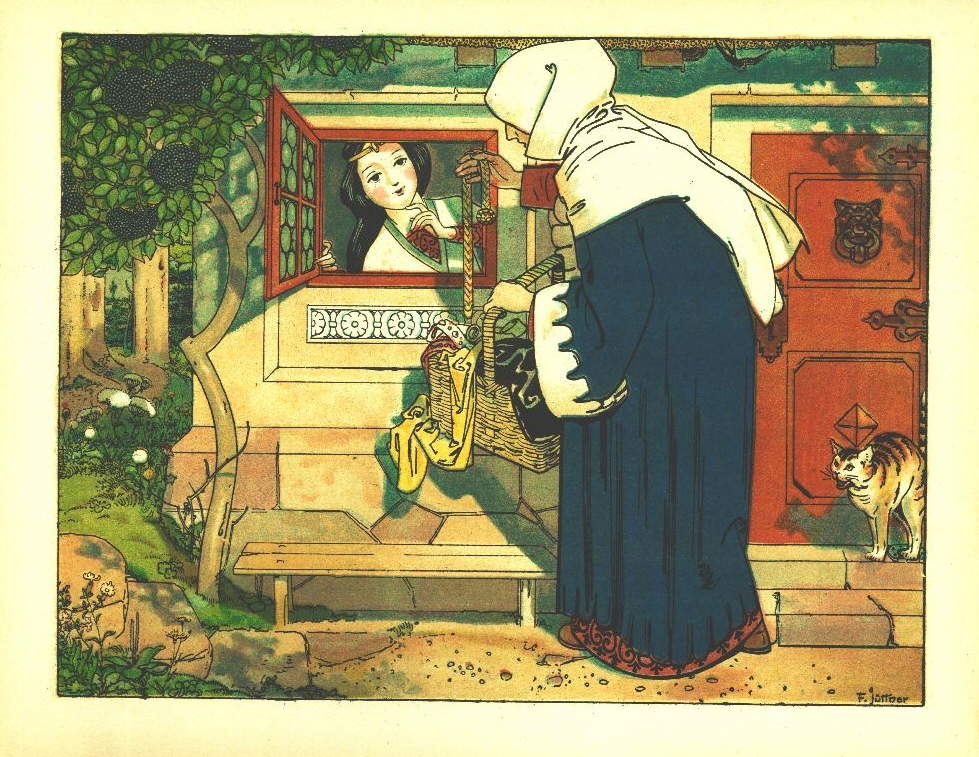 Snow White: 5. The Queen visits Snow White - Franz Jüttner (1865–1925): Illustration from Sneewittchen, Scholz' Künstler-Bilderbücher, Mainz 1905