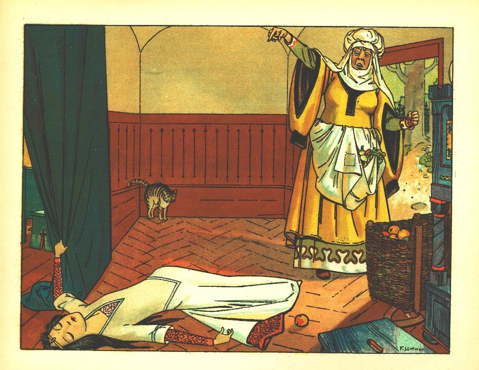 Snow White: 6. The Queen has poisoned Snow White - Franz Jüttner (1865–1925): Illustration from Sneewittchen, Scholz' Künstler-Bilderbücher, Mainz 1905