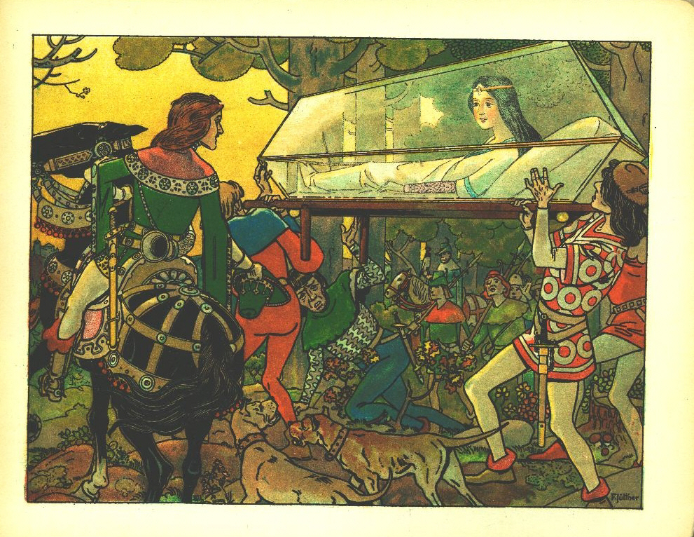 Snow White: 7. The Prince awakes Snow White - Franz Jüttner (1865–1925): Illustration from Sneewittchen, Scholz' Künstler-Bilderbücher, Mainz 1905