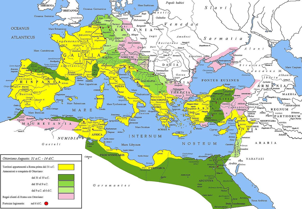 The Roman Empire under Augustus: The Republic in 31 BC (yellow) and Augustus's conquests (shades of green). Client states are in pink.