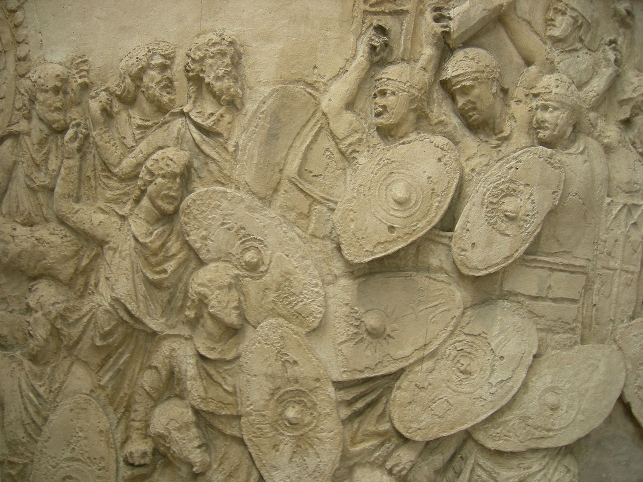 Battle scene: The Dacians (on the left) are attacking Trajan's men. This is from the plaster-cast reproduction at the Museum of Romanian History in Bucharest, Romania