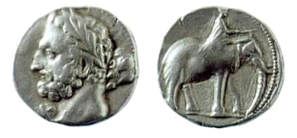 An ancient Carthaginian shekel, dated 237 - 227 BC. On the obverse is a depiction of Heracles/Melqart, most likely with the facial features of Hamilcar Barca, father of Hannibal Barca. On the reverse is a depiction of a man riding an elephant.