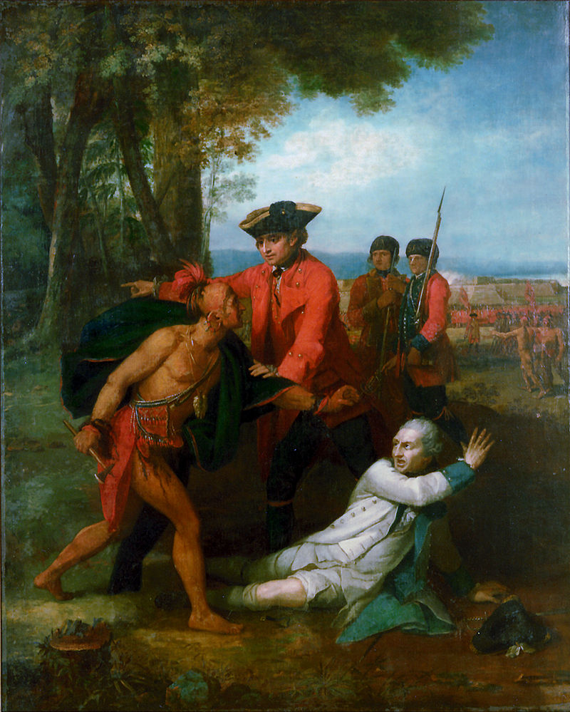 Depicts William Johnson saving the life of Baron Dieskau at the Battle of Lake George, 1755