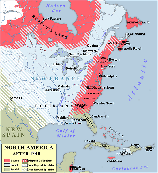 Map showing the 1750 possessions of Britain (pink), France (blue), and Spain (green) in contemporary Canada and the United States