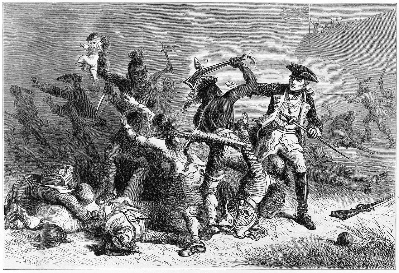 Montcalm trying to stop allied Native Americans from attacking British soldiers and civilians as they leave after the Battle of Fort William Henry