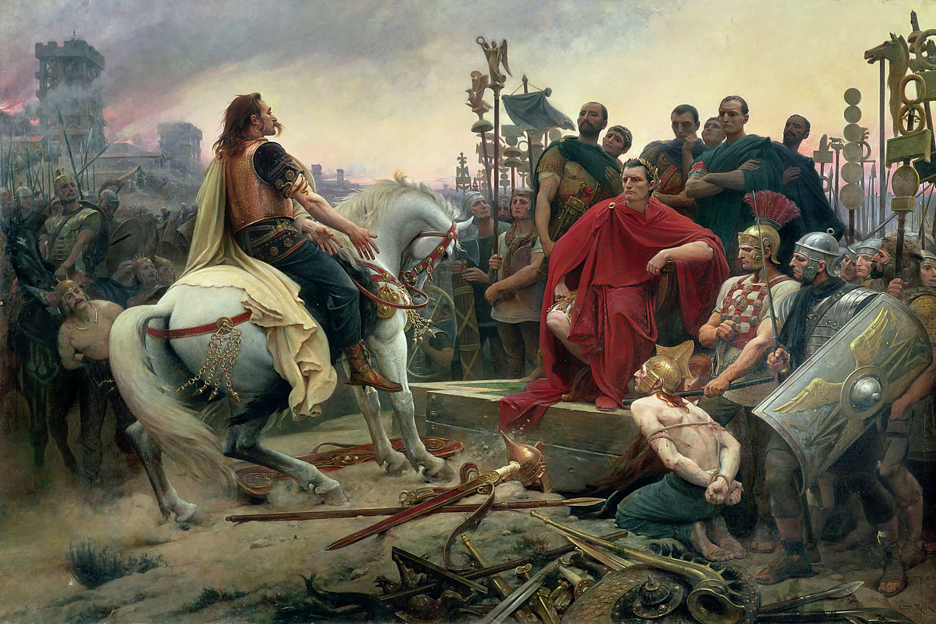 The painting depicts the surrender of the Gallic chieftain after the Battle of Alesia (52 BC). Note that one of the warriors (bottom left) has a torque around his neck. In fact, the torque was reserved only for gods and important members of a royal family. The depiction of Gauls with long hair and mustaches is also called into question today. The horse is a Percheron, although at this time this breed was not in Gaul. In addition, the Gauls rode bareback, but here the horse is saddled and harnessed. The rectangular shield also does not accord with the time when they were mostly oval.
