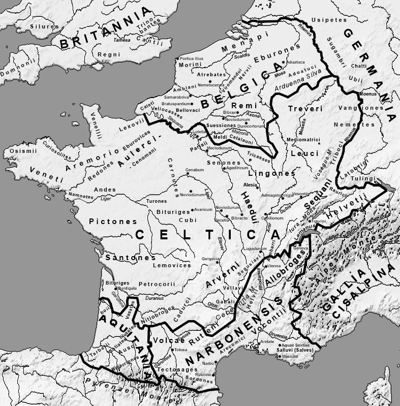 A map of Gaul showing all the tribes and cities mentioned in the Gallic Wars