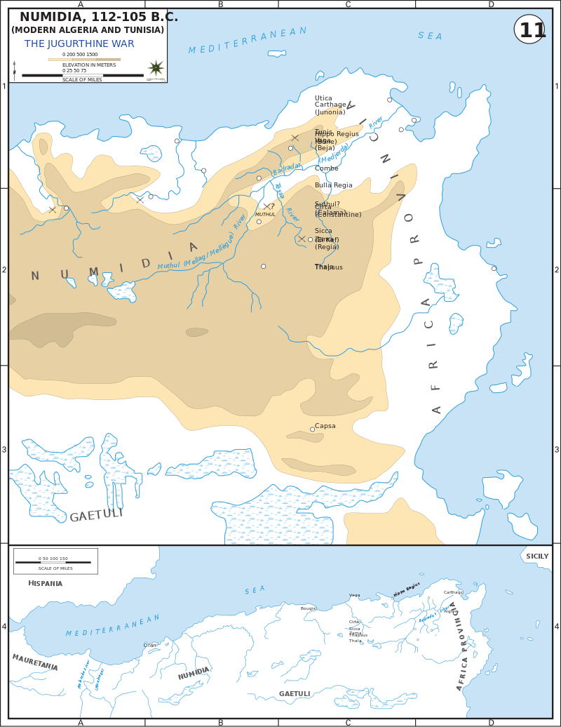 Numidia between 112 and 105 B.C. and main battles of the war