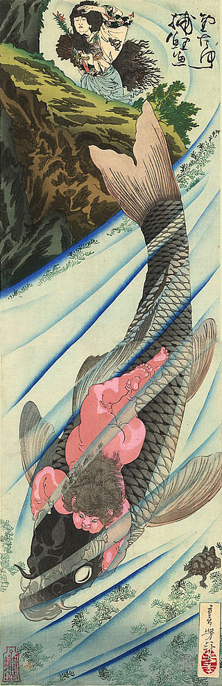 A young Kintarō battling a giant carp, in a print by Yoshitoshi