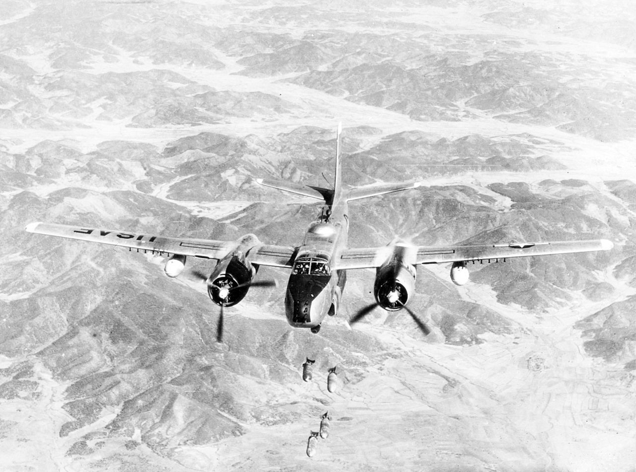 A USAF Douglas B-26B Invader of the 452nd Bombardment Wing bombing a target in North Korea, 29 May 1951