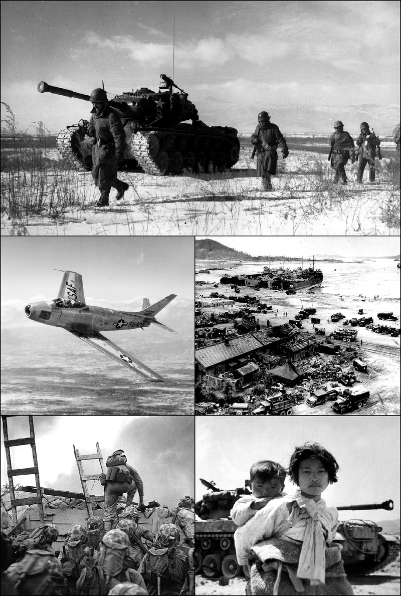 Montage of images from the Korean War. Clockwise from top: U.S. Marines retreating during the Battle of the Chosin Resevoir, U.N. landing at Incheon, Korean refugees in front of an American M-26 tank, U.S. Marines, led by First Lieutenant Baldomero Lopez, landing at Incheon, and an American F-86 Sabre fighter jet.