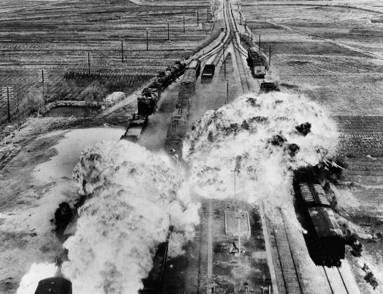 While trains were used to transport U.S. Soldiers and their equipment during the Korean War, trains in North Korea were targets of attack by U.S. and other U.N. forces. Here, U.S. forces target rail cars south of Wonsan, North Korea, an east coast port city