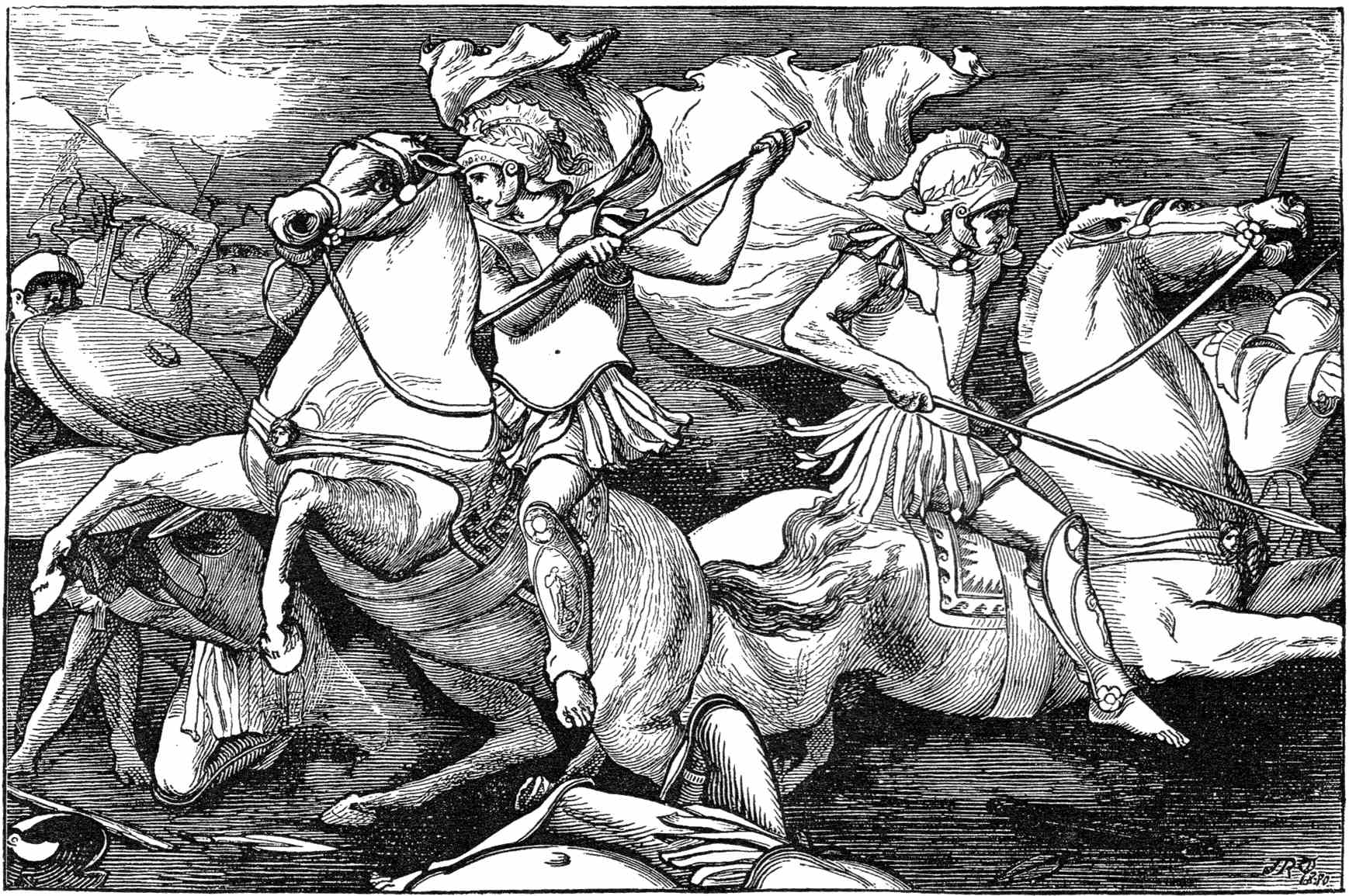 Showing Castor and Pollux fighting at the Battle of Lake Regillus. Woodcut from Engraving by John Reinhard Weguelin (1849 to 1927). Drawing is signed JRW1880 in bottom right corner.