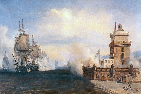 The flagship Suffren, leading French line of battle, exchanges broadsides with Belém Tower moments before breaking into Lisbon